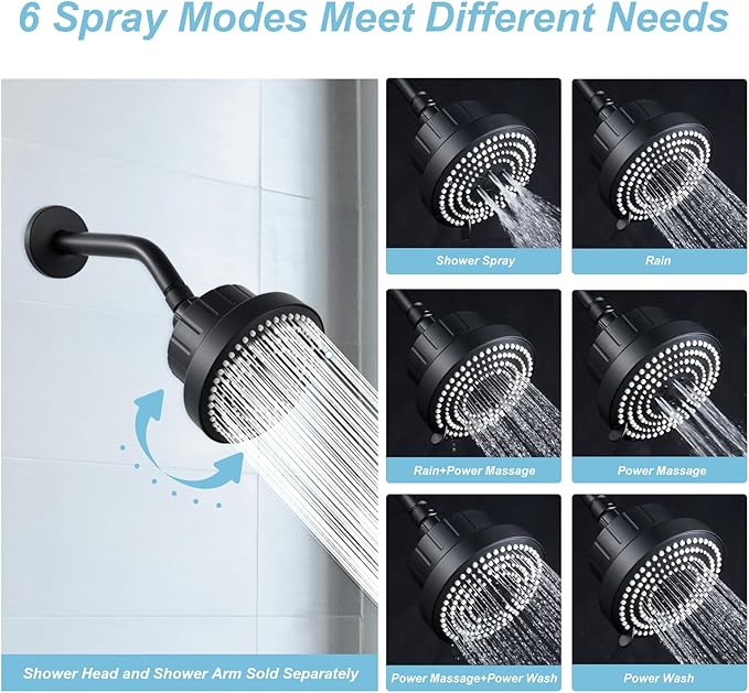 OFFO Filtered Shower Head, 20 Stage Shower Filter Head for Hard Water, 6 Modes High Pressure Shower Head with Filter for Remove Chlorine and Harmful, Matte Black