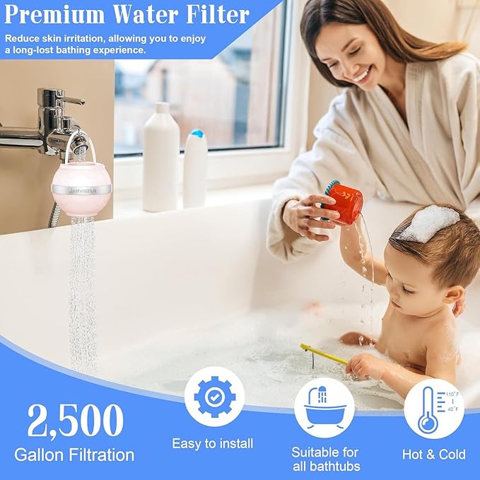 Bath Filter for Tub Faucet - 2500 Gallons of Filtration Reduces Contaminats - Reusable Hanging Bathtub Water Filter - No Installation Needed for Home Use, BPA-Free, Pink