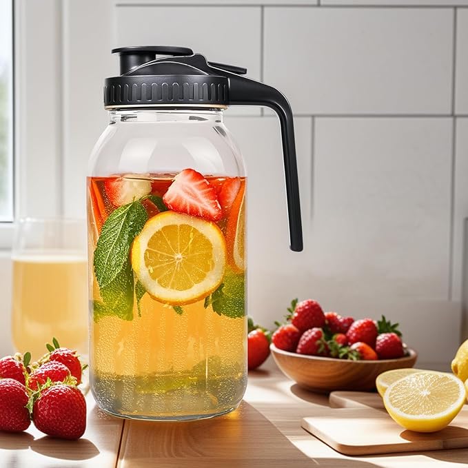 2 Pack 64oz Glass Mason Jar Pitcher with Airtight Lid and Handle – Wide Mouth, Leak-Proof, Ideal for Sun Tea, Cold Brew, Lemonade, Iced Coffee, Milk, and Water (Pink & Orange)
