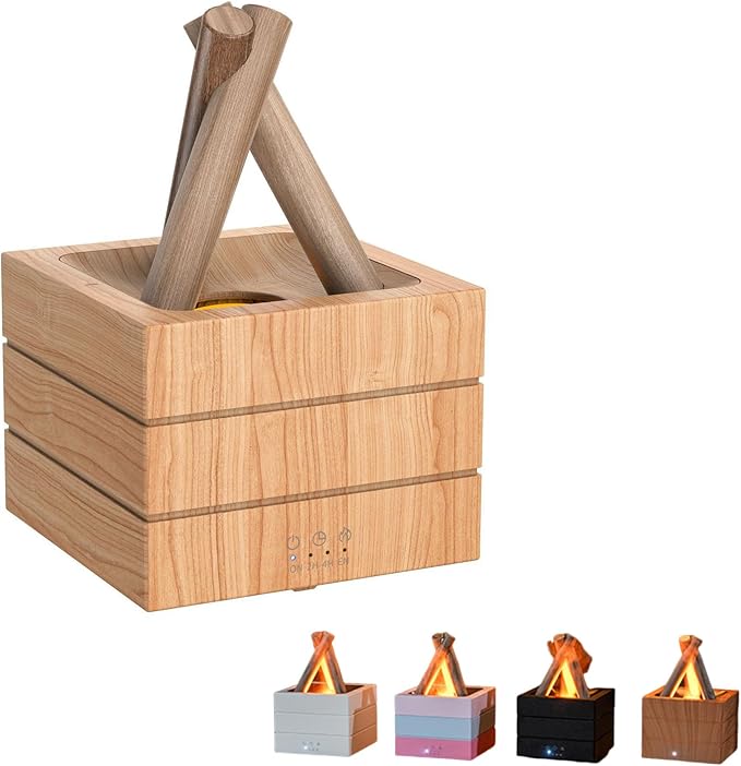 Flames Humidifier Essential Oil Diffuser, Bonfire Essential Oil Scent Diffuser Humidifier, Small USB Desktop Humidifiers with 7 Colors, Campfire Aromatherapy Diffusers for Home & Office (Wooden)