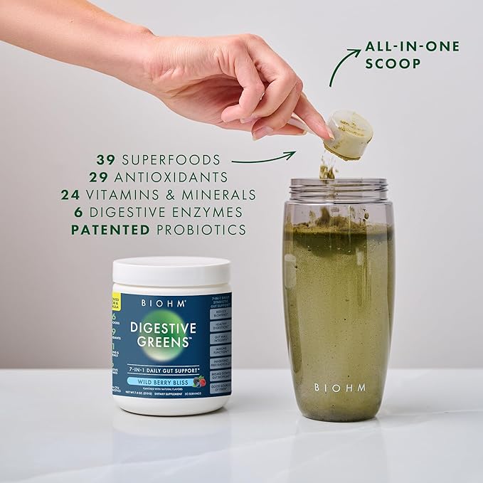 BIOHM Digestive Greens, Green Superfood Powder (7.4 Oz, 30 Servings) Immune & Gut Health Support with Antioxidants, Vitamins, Probiotics & Enzymes, Good Source of Fiber, Berry Flavor