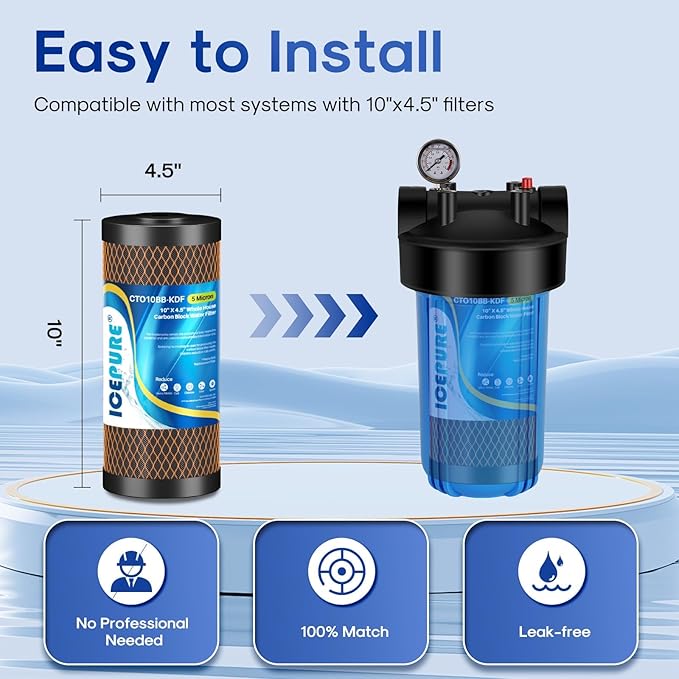 ICEPURE 5 Micron 4.5" x 10" CTO10BB-KDF Whole House Water Filter Coconut Shell Activated Carbon and KDF Replacement Cartridge Heavy Metal Removal Filter, 1PACK