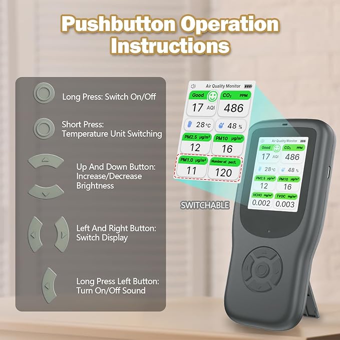 11-in-1 Air Quality Monitor - Portable Indoor Air Quality Detector with Stand, Real-Time Test for AQI, CO2, PM2.5, PM1.0, PM10, TVOC, HCHO, Particles, Temperature & Humidity with Aler (Black-White)