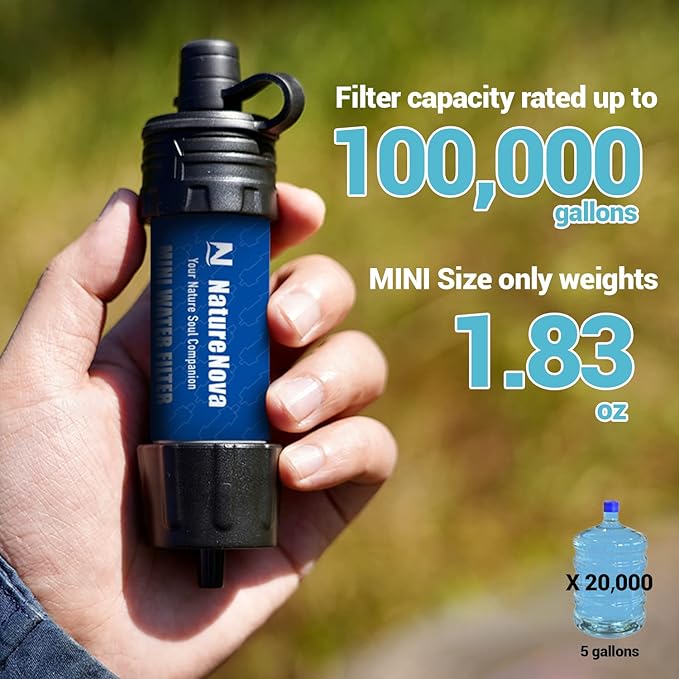 Mini Water Filter NatureNova Portable Emergency Water Filtration System Hiking Camping Straw Survival Gear Emergency Preparedness