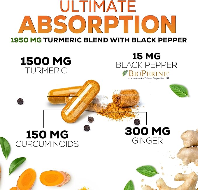 Turmeric Curcumin Supplement 1950mg - 95% Curcuminoids with Organic Turmeric & Ginger, BioPerine Black Pepper for Best Absorption, Nature's Vegan Joint Support, Non-GMO, Bottled in USA - 180 Capsules