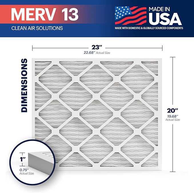 BNX TruFilter 20x23x1 Air Filter MERV 13 (4-Pack) - MADE IN USA - Electrostatic Pleated Air Conditioner HVAC AC Furnace Filters for Allergies, Pollen, Mold, Bacteria, Smoke, Allergen, MPR 1900 FPR 10