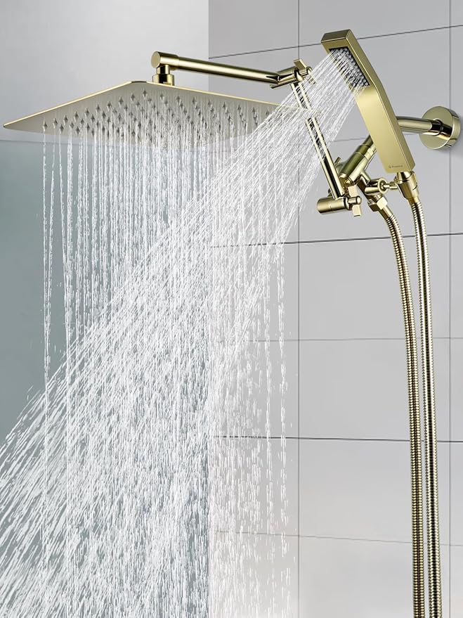 G-Promise All Metal 10 Inches Rainfall Shower Head with Handheld Spray Combo, 3 Settings Diverter, Adjustable Extension Arm with Lock Joints, 71 Inches Stainless Steel Hose (Polished Brass)