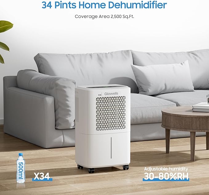 1500 Sq.Ft Dehumidifier for Basement with Drain Hose, Glowells 25 Pints Dehumidifiers for Home Large Room Bathroom Bedroom,3 Modes, Smart Humidity Control (25 Pints)