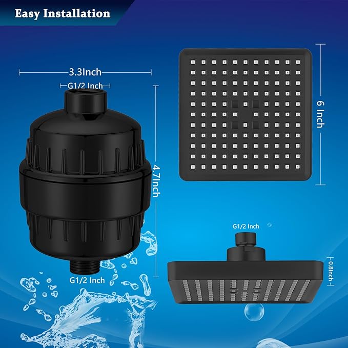High Pressure Filtered Shower Head Set, 6’’ Rain Shower Filter for Hard Water, Universal Square Showerhead 20 Stage Filtration Removes Impurities for Rejuvenated Skin by Eolax, Matte Black