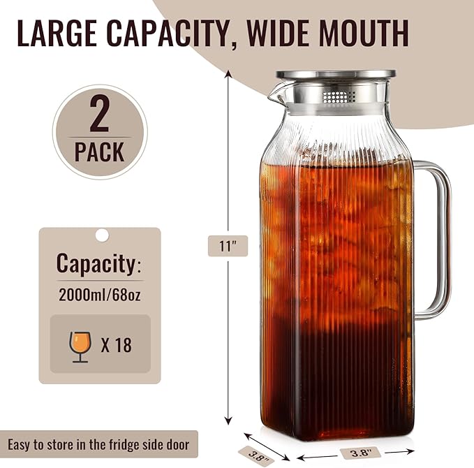 2 Pack 2 Liter/68 oz Square Glass Pitcher with Lid, Classic Stripes Water Pitchers with Handle for Fridge, Large Jug for Iced Tea, Coffee, Borosilicate Glass Carafe for Hot/Cold Brew Drink, Silver