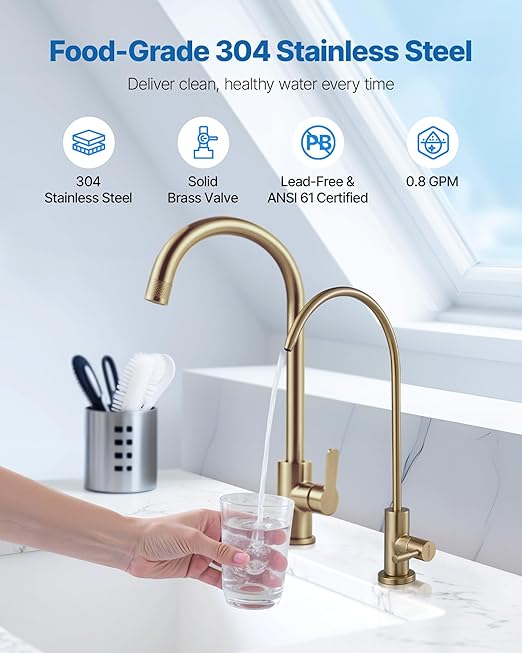 VEVOR Water Filter Faucet, SUS 304 RO Faucet, Lead-Free Solid Brass Valve Drinking Water Faucet, Fit Most Reverse Osmosis and Water Filtration System, Kitchen Filtered Water Tap, Brushed Gold