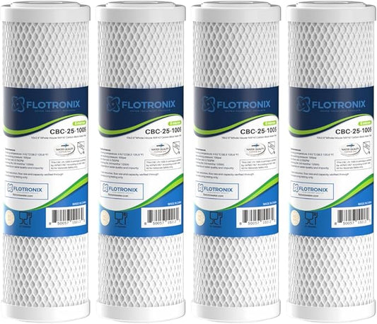 Flotronix 5 Micron 2.5" x 10" Whole House CTO Carbon Sediment Water Filter Cartridge, Compatible with DuPont WFPFC8002, WFPFC9001, SCWH-5, WHCF-WHWC, FXWTC, CBC-10, RO Systems, 4-Pack