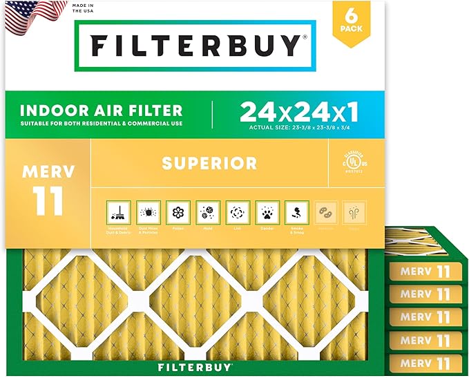 Filterbuy 24x24x1 Air Filter MERV 11 (MPR 1200) Allergen Defense Replacement (6-Pack), Electrostatic Pleated HVAC AC Furnace Filters, Made in USA (Actual Size: 23.38 x 23.38 x 0.75)