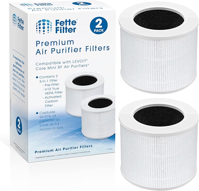 Fette Filter - Core Mini-RF True Hepa H13 Replacement Filter Compatiable with LEVOIT Core Mini Air Purifier 3 Stage Filtration True Hepa Activated Carbon and Pre-Filter. Part # Core Mini-RF 2-pack.