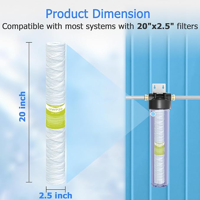 5 Micron Whole House Water Filter Cartridge, String Wound Sediment Filters for Well Water, Universal Replacement for Any 20 inch Silm Housings - 20" x 2.5" Cartridges - Pack of 6