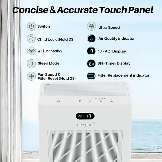 Air Purifiers for Home Large Room Covers Up to 2277 Ft², 22 dB HEPA Air Purifiers for Home Bedroom, Smart WiFi & Remote Control, Air Quality Monitor, Timer, Child Lock, KJ-520, White