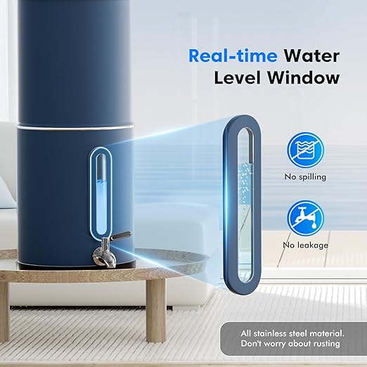 Purewell 2.25G Gravity Water Filter System with Water Level Window, 3-Stage 0.01μm Ultra-Filtration Stainless Steel Countertop System with 2 Filters and Stand, Reduce 99% Chlorine, PW-KS