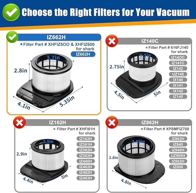 IZ662H Filter Replacement Kit Compatible with shark IZ662H Vertex Pro Lightweight Vacuum-1 Brush, 2 Pack HEPA Filters and 4 Foam Felt Kit