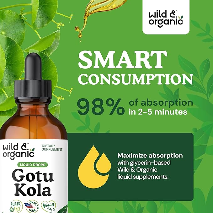 Wild & Organic Gotu Kola Extract Drops - Brain Support with Centella Asiatica Extract - Liquid Gotu Kola Supplement for Focus - Vegan, Sugar & Alcohol-Free Herb Tincture - 4 fl oz