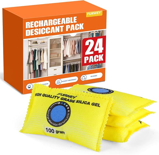 100g (24 Packs) Rechargeable Desiccant Packs for Storage, Color Indicating Silica Gel Desiccant Packets, Moisture absorbers for storage,Dehumidifier bag for Closets,Cars,Storage Bins