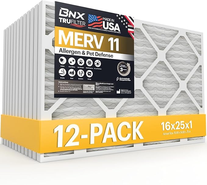 BNX TruFilter 16x25x1 Air Filter MERV 11 (12-Pack) - MADE IN USA - Allergen Defense Electrostatic Pleated Air HVAC AC Furnace Filters for Allergies, Dust, Pet, Smoke, Allergy MPR 1200 FPR 7