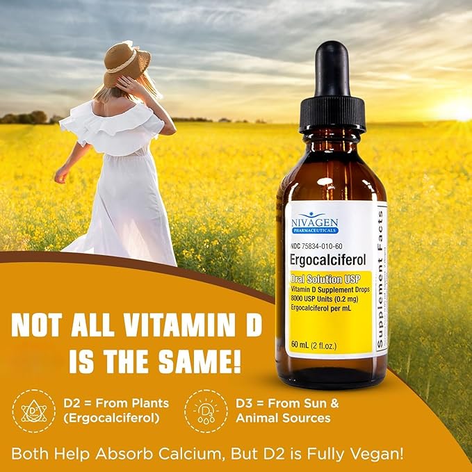 Vitamin D2 Liquid Drops 8,000 USP (Ergocalciferol) | 400 IU per Serving | 2 Drops Once Daily | 1,200 Servings, 60ml (2 fl. oz) | Faster Absorption | Bone, Muscle & Immune Support | Made in USA