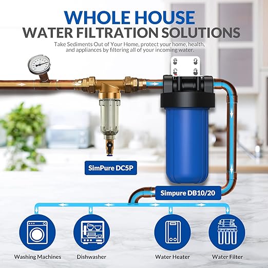 SimPure 100/500 Micron Spin Down Sediment Filter, Reusable Whole House Sediment Water Filter, Pre-Filtration System for City/Well water, 1" MNPT + 3/4" FNPT + 3/4"MNPT, BPA Free
