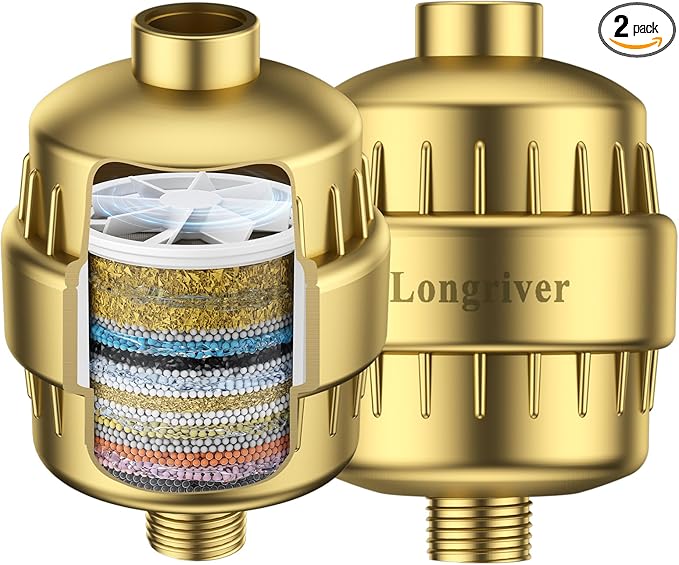 R7 Shower Filter High Put Shower Water Filter for Hard Water 99.99% Remove Chlorine, Shower Water Softener, Improve your skin and hair, Bathroom Fixture Hardware Parts, Brushed Gold, 2 Pack