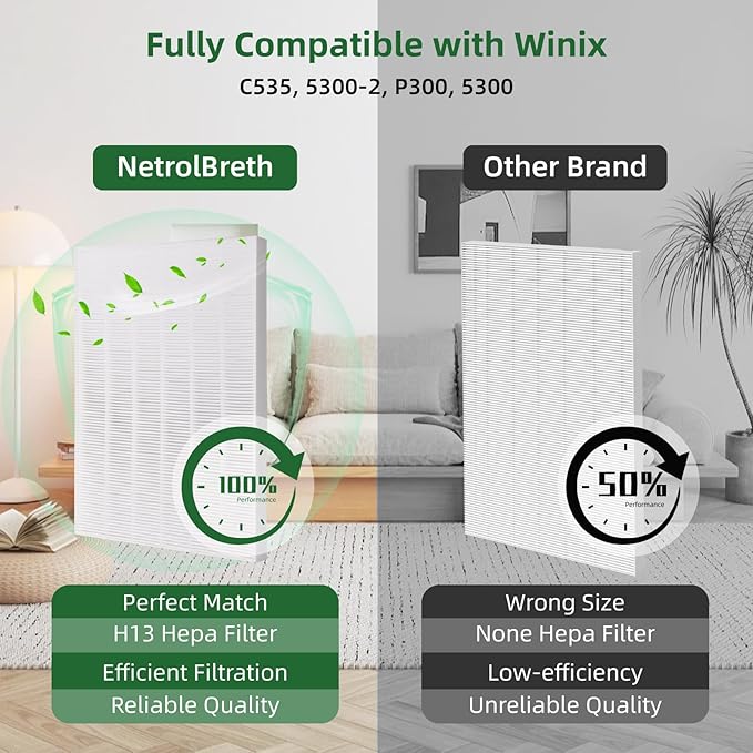 115115 Replacement Filters A Size 21, Compatible for Winix PlasmaWave 5300-2, C535, 6300, 5300, 6300-2, P300, AM90, 9000, 5000, 5000B, C909, 9800, 1 True HEPA Filter + 4 Carbon Pre-Filters