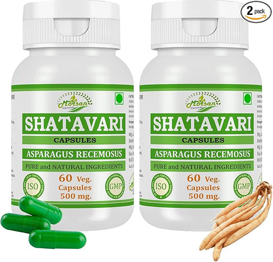 Morsan Nutraveda’s Shatavari (Asparagus Racemosus) Capsule | 10:1 Highest Potency Extract | 100% Natural Product | Combo Pack of 2 x 60 x 500 mg. Veg. Capsules