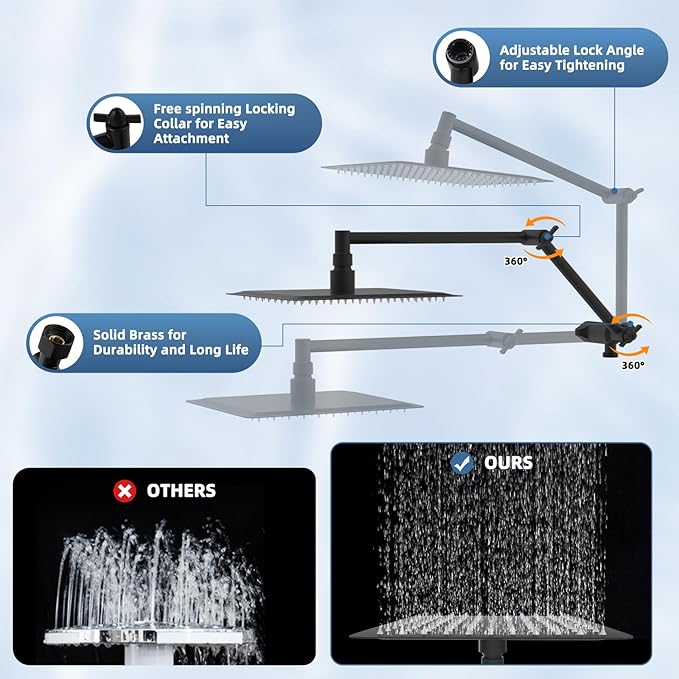 Metal Rain Shower Head with Handheld Spray Combo, 8” High Pressure Rainfall Shower Head with16" Shower Extension Arm, 10-Spray Handheld Built-in Power Wash, Solid Brass 3-Way Diverter, Matte Black