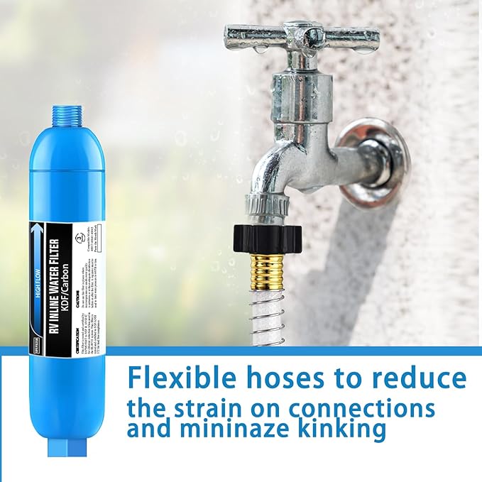 Lifefilter RV Inline Water Filter with Flexible Hose Protector, NSF Certified, Reduces Chlorine, Bad Taste, Odor for RVs and Marines, Drinking, Washing Filter, Dedicated for RVs, 2 Pack
