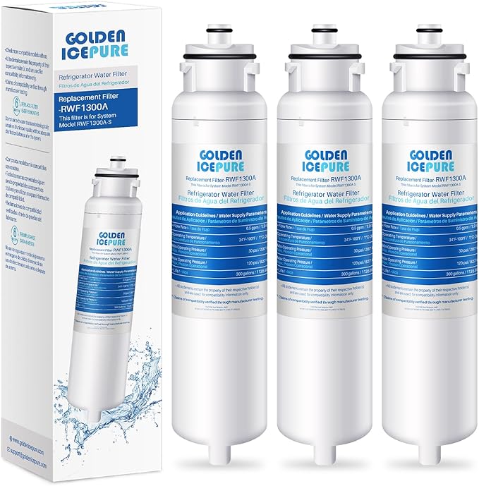 GOLDEN ICEPURE RWF1300A Water Filter Replacement for Daewoo DW2042FR-09, DW2042FB, Kenmore 469130, Aqua Crystal DW2042F-09, FRN-Y22D2V, FRN-Y22D2W,3PACK