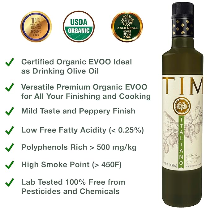 Entimio Italiano +500 mg/kg Polyphenol Rich Organic Drinking Extra Virgin Olive Oil, New 2024-2025 Harvest Italian evoo from Italy, 2025 Gold Winner, Cold Extracted, Clean Cooking and Finishing Use