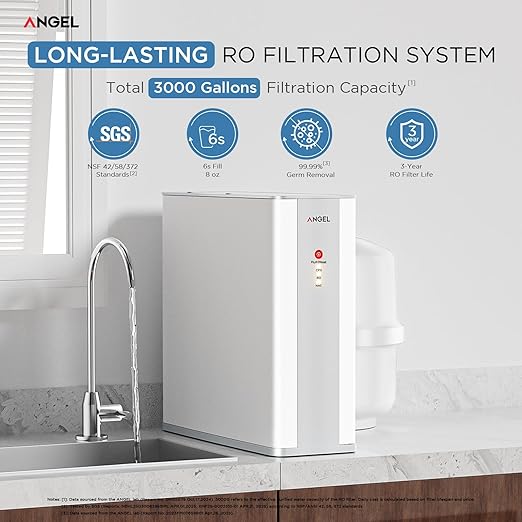 ANGEL Reverse Osmosis Water Filter, 7 Stage Under Sink Water Filtration System, 3-Year Long-Lasting RO Filter, 2:1 Pure to Drain, Reduces PFAS/PFOS, Fluoride, Chlorine, Bad Taste & Odor, Lead-Free