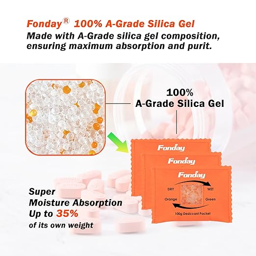 100Gram 10Packets Fonday Rechargeable Silica Gel Desiccant Packets Food Grade Fast Reactivate Desiccant Bags Moisture Indicating Orange to Green