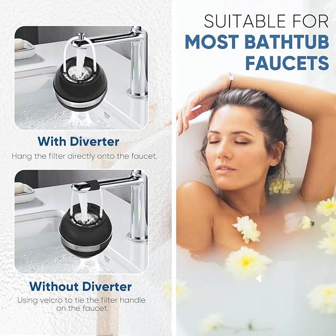 PUREPLUS Bathtub Bath Water Filter for Tub, 8 Stages Kinder Filter for Bathtub, 2500 Gallons Filtration, Removes Contaminants for Softer Skin and Hair, Reduces Chlorine & Heavy Metals, BPA Free, Black