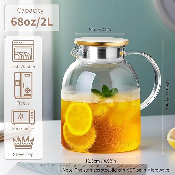 2L 68OZ Glass Pitcher with Lid and Spout, Water Jug, Glass Water Pitcher Carafe for Hot/Cold Water 2000ml for Fridge, Large Iced Tea Jug for Homemade Beverage