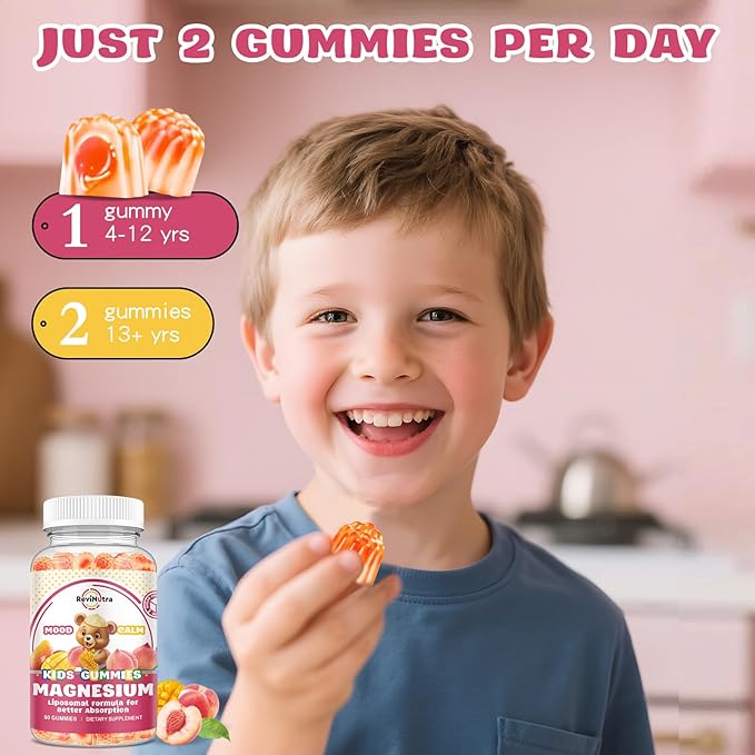 Liposomal Kids Magnesium Gummies- Magnesium Glycinate Gummies for Kids Supplement-w/Omega-3, Vitamin B6, D3- Support Calm Stress Relief, Bones, Mood, Peach & Mango Flavor, 60 Count