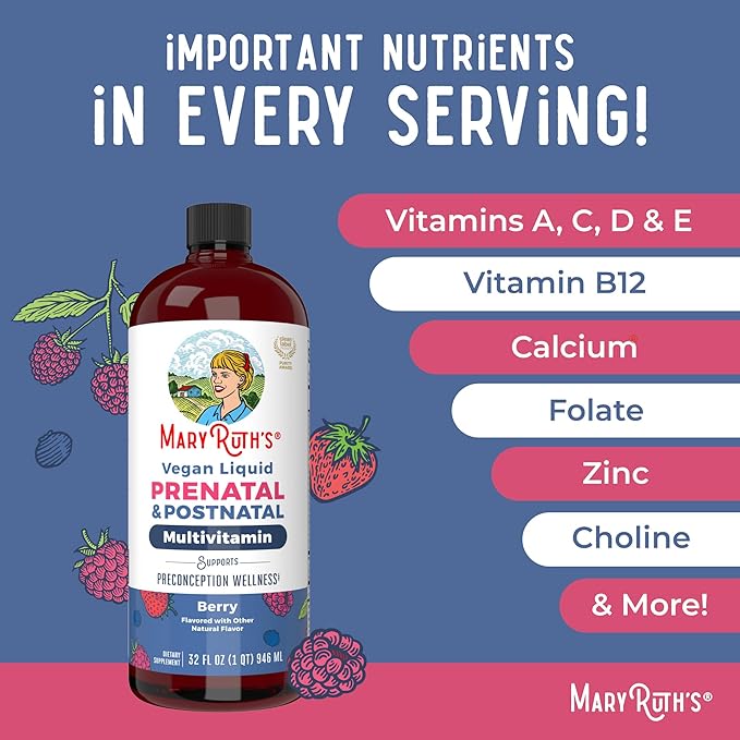 MaryRuth Organics Postnatal & Prenatal Vitamins for Women | Sugar Free | Womens Multivitamin for Pre-Conception, Pregnancy & Nursing | Ginger | Selenium | Folate | Vegan | Non-GMO | Gluten Free | 32oz