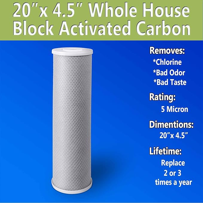 High Capacity Coconut Shell Carbon Block Water Filter 5 Micron Cartridge 4.5" x 20" for Universal Whole House System WELL-MATCHED with CB-45-2005, FC25B, FLTWH2045C02 and PRL-RCL