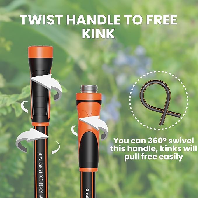 Giraffe Tools Garden Hose 100ft x 5/8", Water Hose Heavy Duty, Flexible, Lightweight Hybrid Hose with Swivel Handle, Male to Female Fittings, Burst 600 PSI