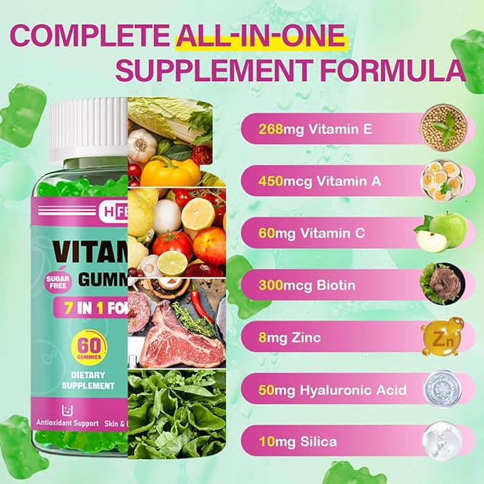 Vitamin E 400 IU Gummies, Vitamin E Supplements for Women, with VIT A, C, Biotin, Zinc, Hyaluronic Acid & Silica for Antioxidant, Immune Health, Skin & Hair, 60 Ct