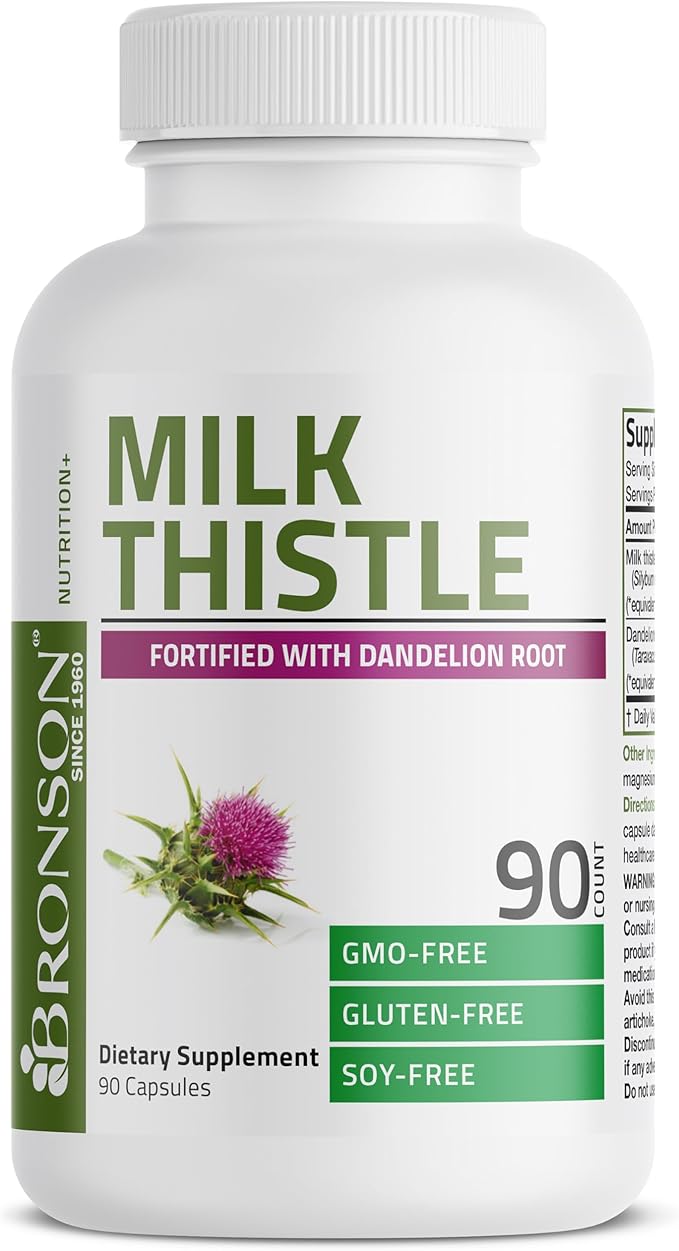 Bronson Milk Thistle Silymarin Marianum & Dandelion Root Liver Health Support, Antioxidant Support, Detox, 90 Capsules
