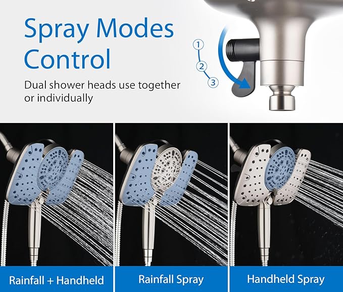 Nickel 2.5GPM Shower Head with Handheld High Pressure: 10” Rainfall Shower Head & HandHeld Shower Head, 9 Spray Settings Detachable Shower Head with ON/OFF Switch and 15-Stage Filter