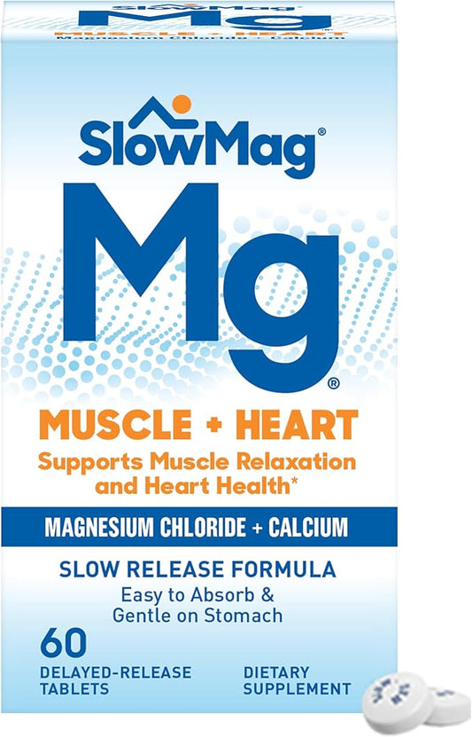 SlowMag Muscle & Heart Magnesium Chloride Supplement with Calcium, 60 Count, Supports Muscle Relaxation, Heart, Nerve & Bone Health, High Absorption