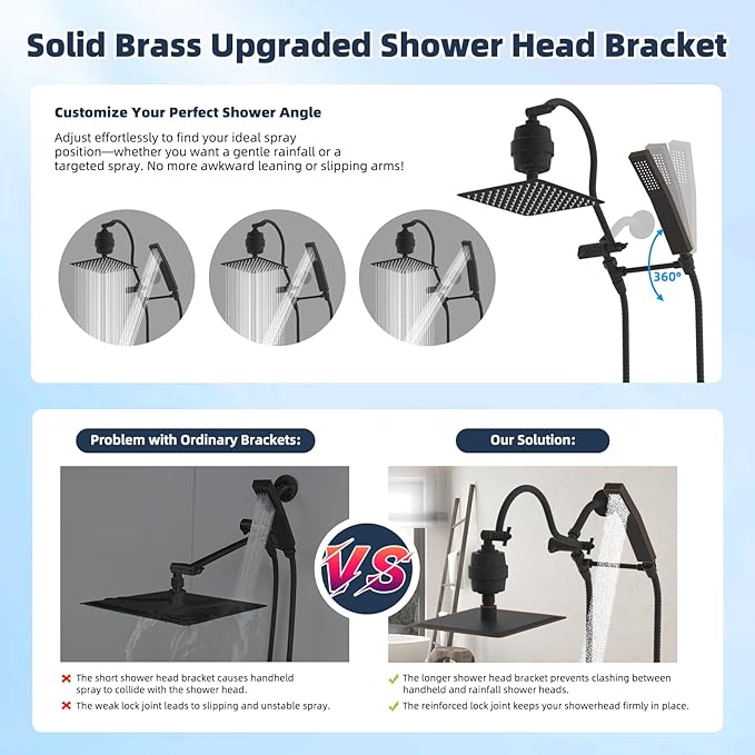 Hibbent Metal 10'' Filtered Rainfall Shower Head Combo, High Pressure Handheld Shower Wand, 12'' Adjustable Extension Arm, 20 Stage Shower Filter, 71'' Hose, Shower Head Holders, Oil Rubbed Bronze