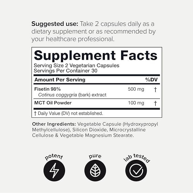Toniiq Ultra High Purity Fisetin 500mg - 98%+ Higly Purified & Bioavailable Fisetin Supplement with MCT Oil for Absorption - Third-Party Tested Senolytic Supplements for Aging Support - 60 Capsules