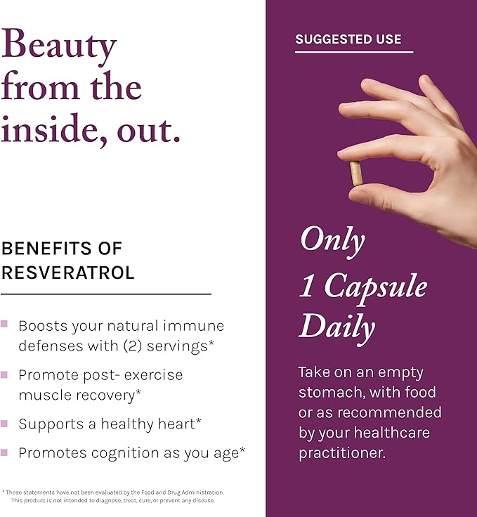 Reserveage Beauty, Resveratrol 500 mg, Antioxidant Supplement for Heart and Cellular Health, Supports Healthy Aging and Immune System, Paleo, Keto, 30 Capsules