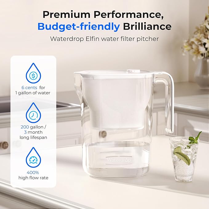 Waterdrop Water Filter Pitcher, 200-Gallon Long-Life, Countertop NSF Certified Water Purifier, Replaces 6,400 Plastic Water Bottles a Year, Reduces Chlorine, PFOA/PFOS, 7-Cup, White